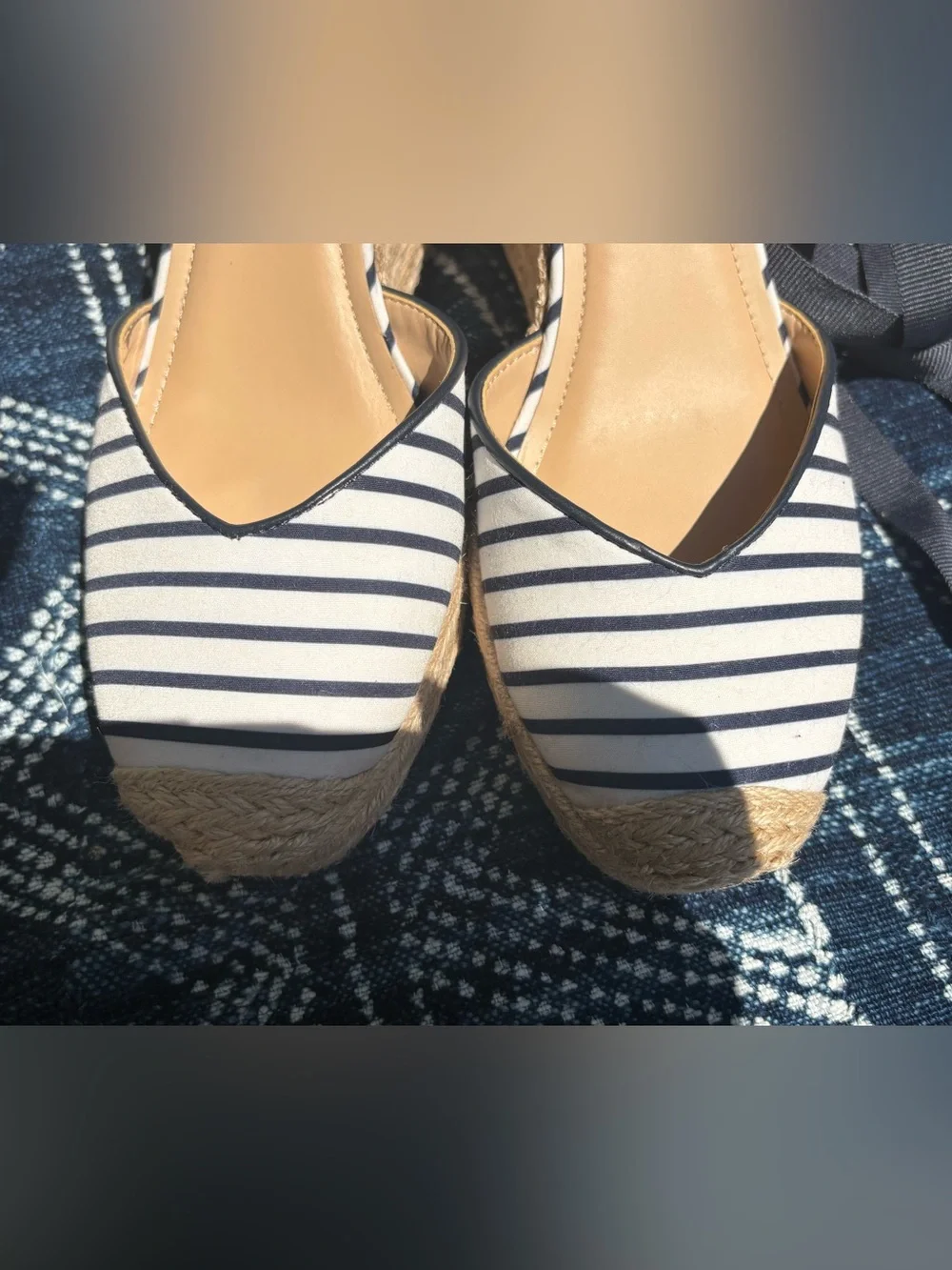 NIB, ON 34th, Striped Espadrille Wedge Sandals in Navy and Natural, Size 10